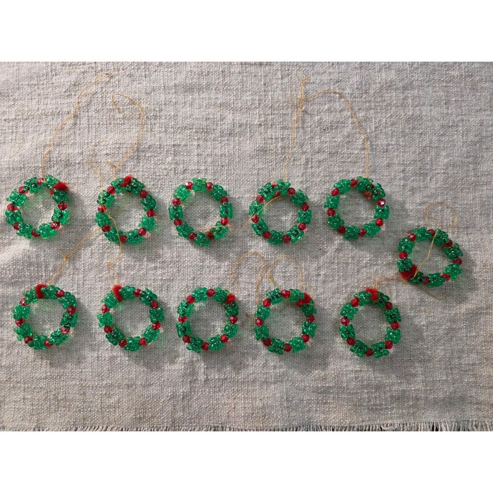 Vintage Beaded Christmas Wreath Ornaments Set of 11 Green and Red Holiday Set
